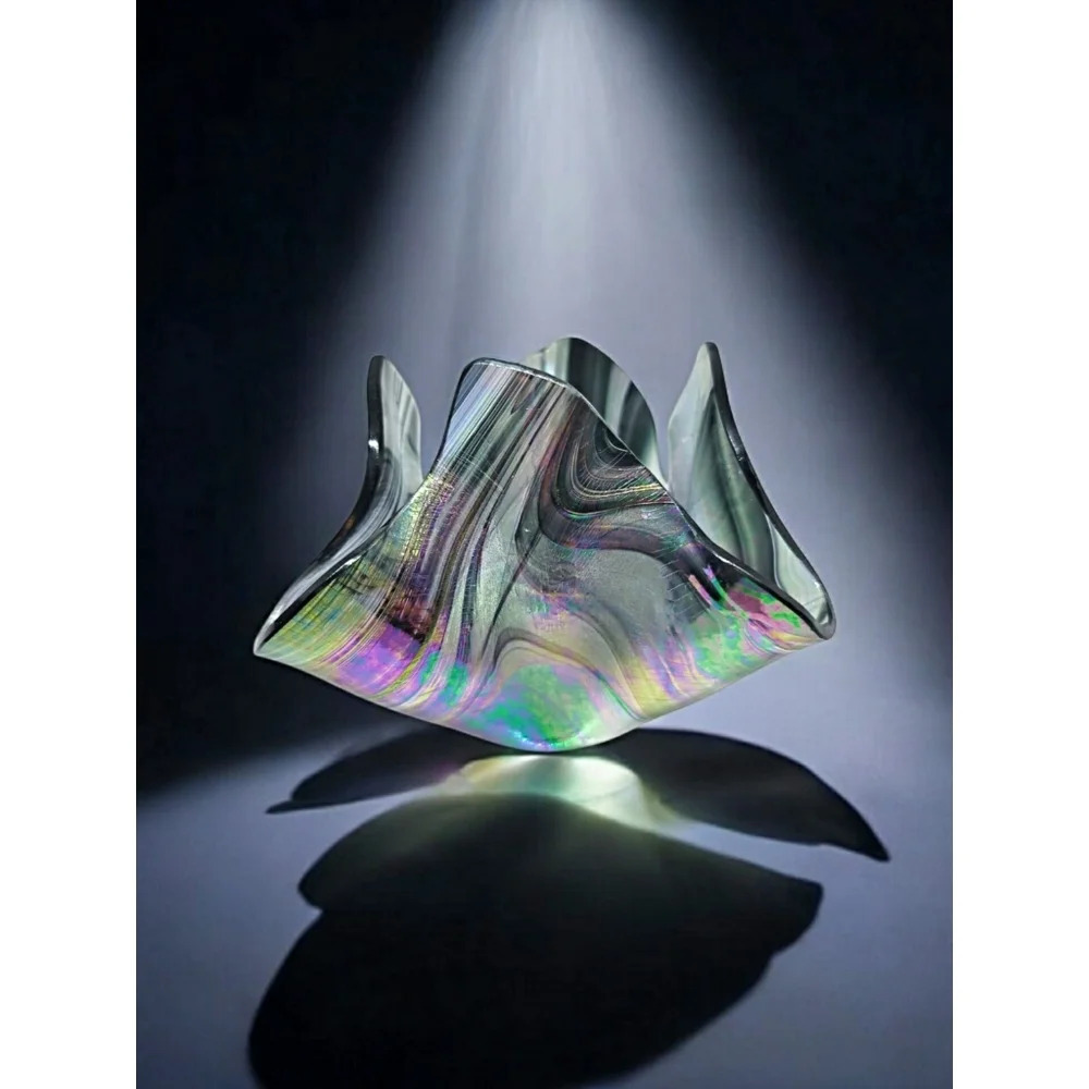 Vintage Artist Signed iridescent Handmade Glass Handkerchief Swirl Bowl